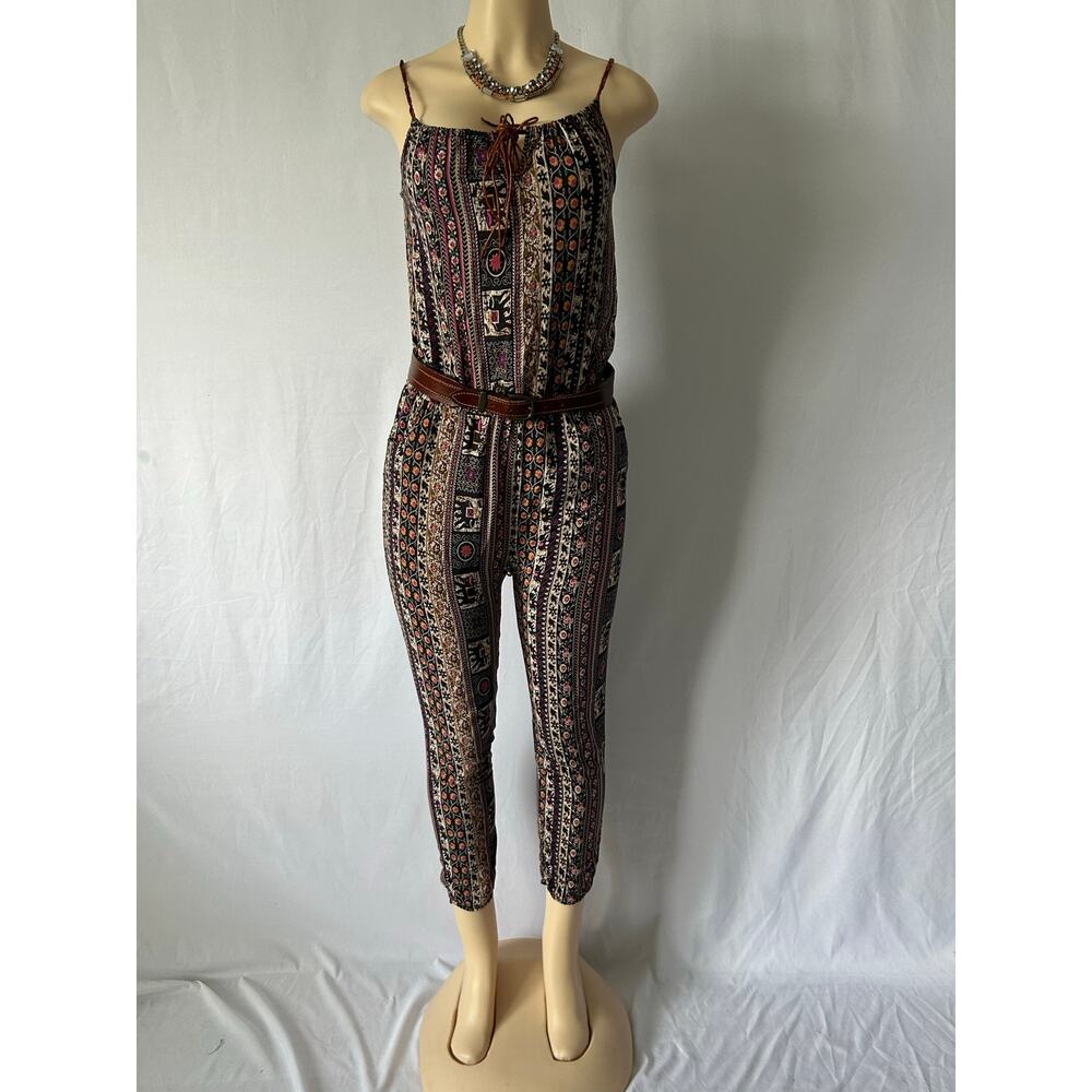 Chen Boho Elephant Print Jumpsuit Romper Cami leather Strap Festival Bohemian XS